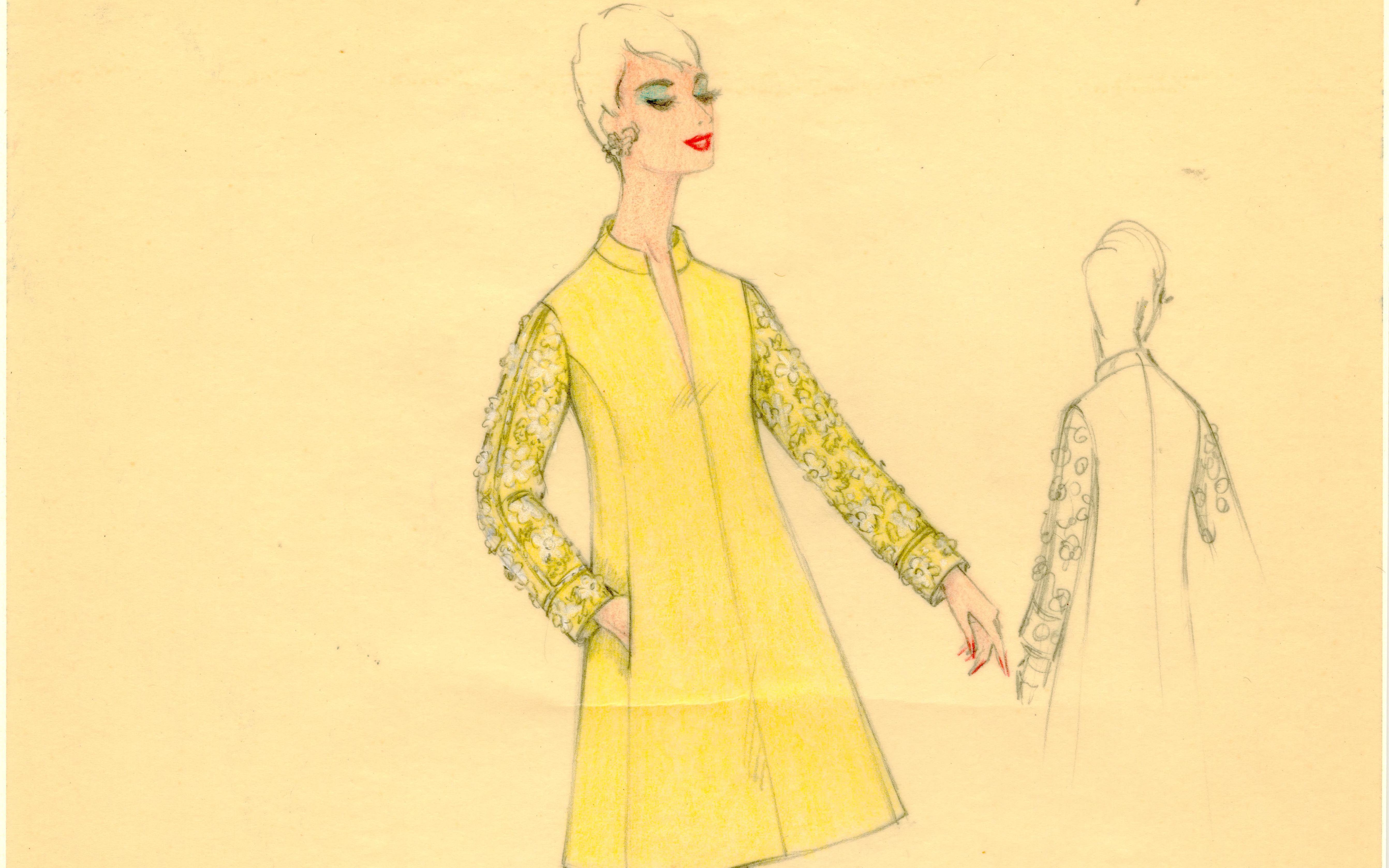 Design sketch by Mollie Parnis for Lady Bird Johnson’s yellow rhinestone-sleeved evening dress.